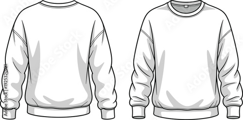Crew neck sweatshirt, front and back view, CAD fashion sketch, unisex casual wear, vector flat template, pullover clothing design