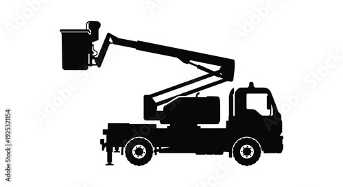 A detailed black outline depicts a cherry picker vehicle with an extended arm presented as a silhouette