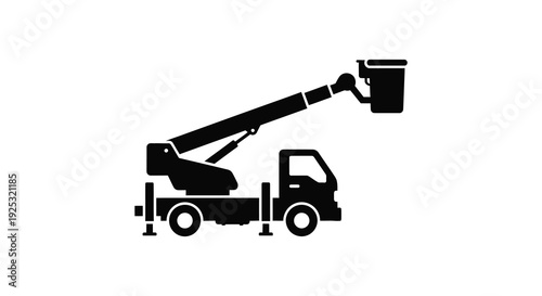 A black silhouette of a cherry picker vehicle with an extended boom showcasing industrial machinery silhouette high quality