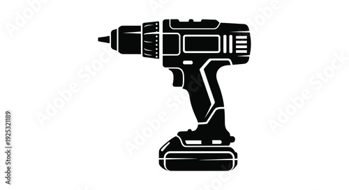 A stark black silhouette of a cordless power drill with a battery pack showcasing tool design silhouette