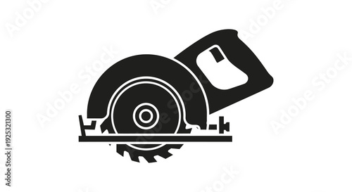 A stark black silhouette of a circular power saw rests on a wooden base showcasing its sharp design silhouette
