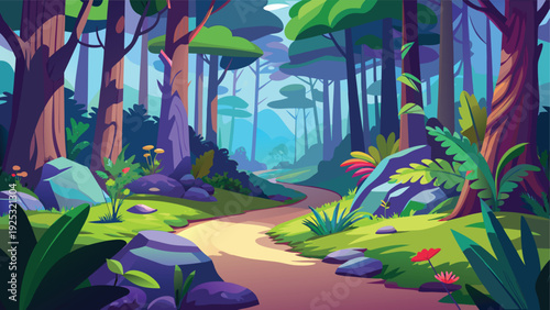 A vibrant stylized illustration depicts a winding path through a lush colorful forest landscape high quality
