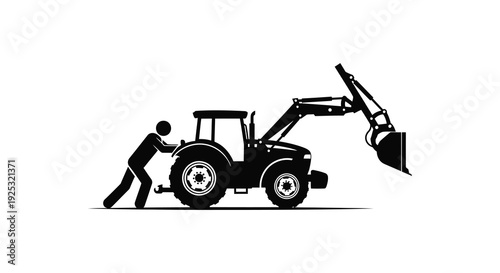 A stark black silhouette depicts a farmer operating a front end loader tractor on a white background silhouette