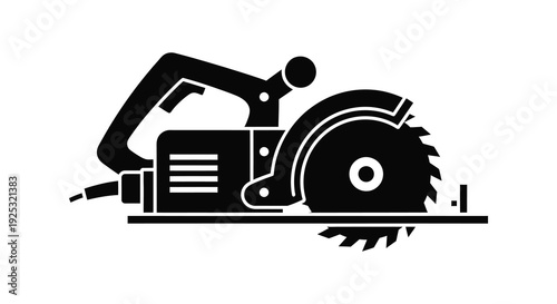 A black and white illustration depicts a circular saw showcasing its mechanical components as a striking silhouette