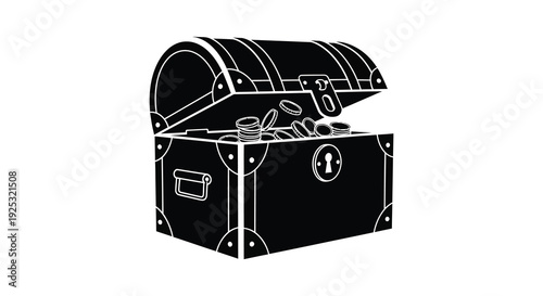A detailed illustration of an open treasure chest overflowing with gold coins presented as a silhouette high quality