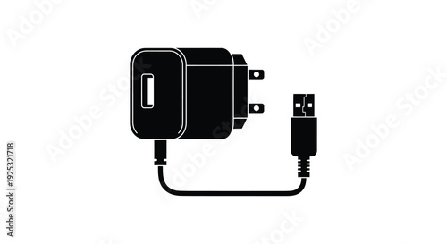 A black power adapter with a usb port depicted in a stark minimalist style silhouette high quality professional