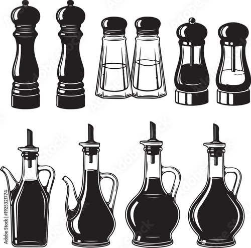 Chess pieces and glass bottles with salt shakers set vector illustration flat design isolated on white background