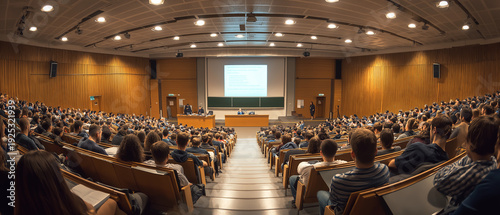 AI generator image of dimly lit university lecture hall with a big bright projector screen, photo taken from back of classroom, college students sitting in seats