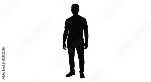 A stark full body depiction of a man standing forward presented as a classic black silhouette high quality professional