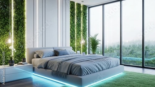 Modern bedroom interior with bed, stylish furniture, window light, and contemporary home design 4k video