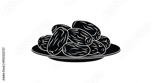 A monochromatic illustration depicts a small plate piled high with several dates presented as a silhouette high quality