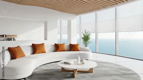 Modern living and dining room interior with stylish furniture, wooden table and chairs, large window, and contemporary home design 4k video