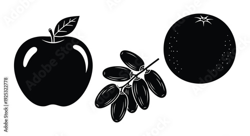 A stark black and white illustration depicts an apple olives and citrus fruit in a bold silhouette high quality professional