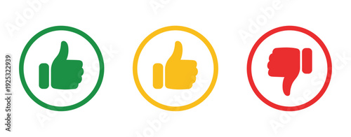 Like, Neutral, and Dislike Hand Icon on Circle Outline, Thumb Up, Middle, and Down Color Sign Symbol, Feedback Vector Illustration