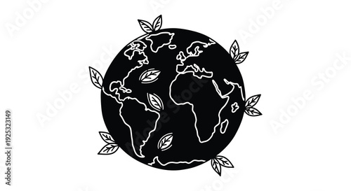 A monochrome depiction of planet earth adorned with leaves emphasizing environmental consciousness as a global silhouette high quality