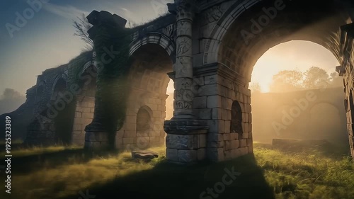 Ancient stone aqueduct in golden fog, grass below, backlit by bright sunlight beams