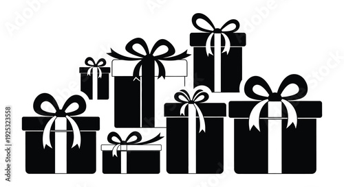 A collection of black gift boxes with bows arranged in a staggered formation presented as a silhouette