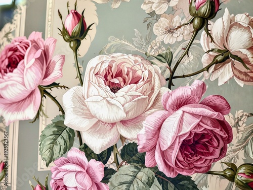 A bouquet of lush pink and white roses in a vintage style.