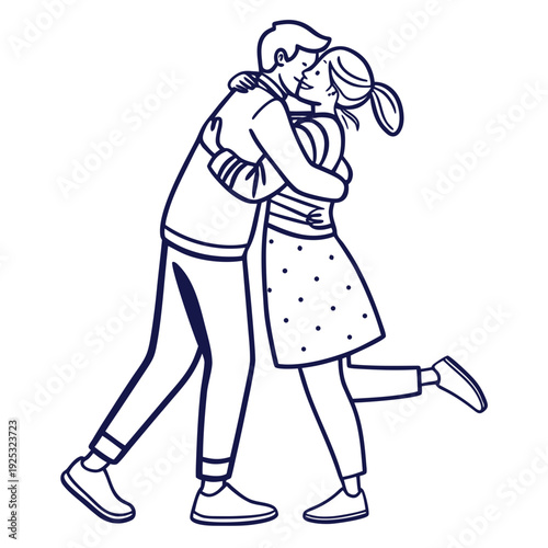 A blue line drawing of a man and a woman hugging