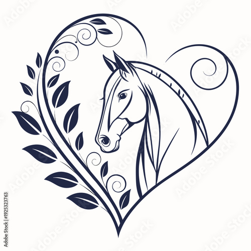 A horse's head in a heart with leaves and flowers