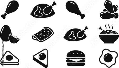 Comprehensive Cooked Poultry and Egg Dishes Icon Set Featuring Vector Symbols of Fried Chicken Leg Roast Burger and Omelet