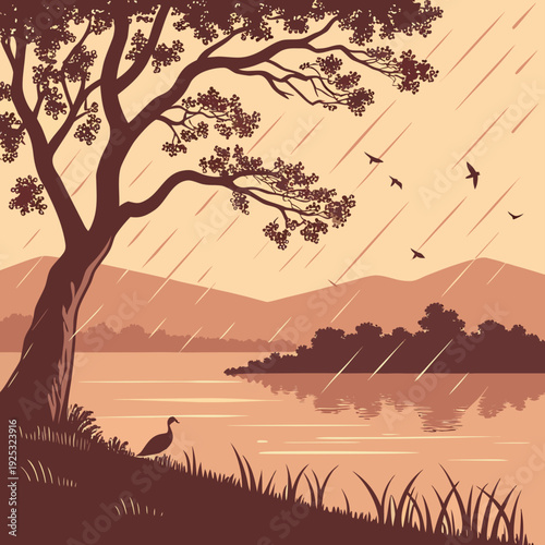 A serene landscape with a tree on the shore of a lake during a rain shower