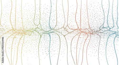 Abstract colorful flowing lines and particles on a transparent gray background, light digital art