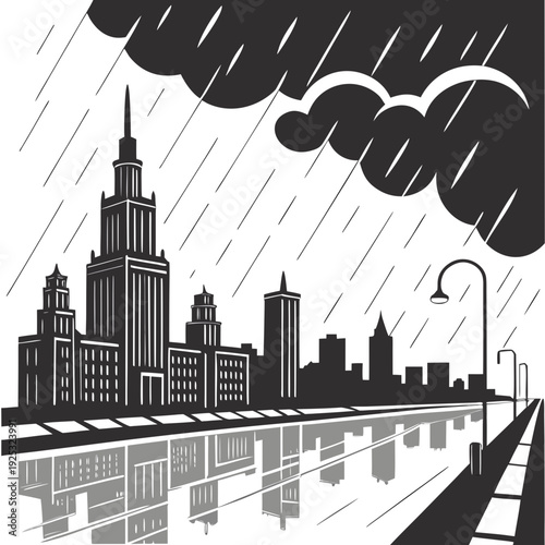 A rainy day in the city with a tall building