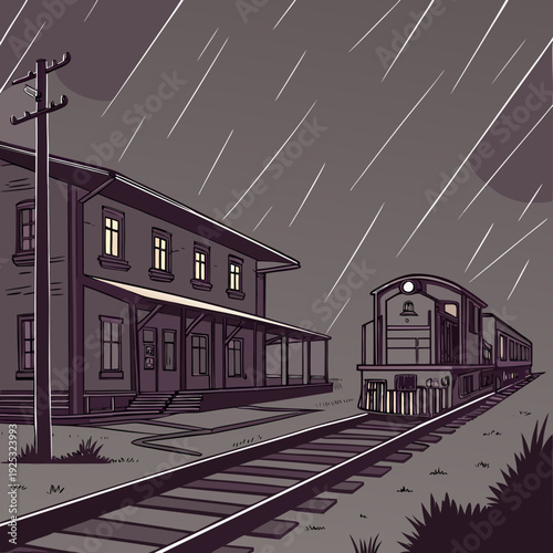 A train stops at a station on a rainy night
