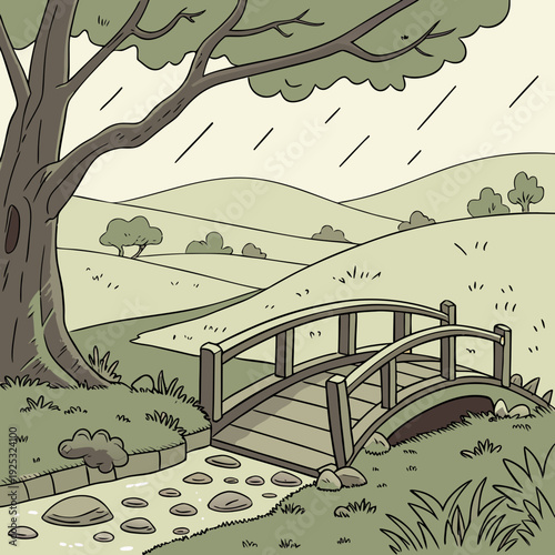 A small bridge under a tree on a rainy day