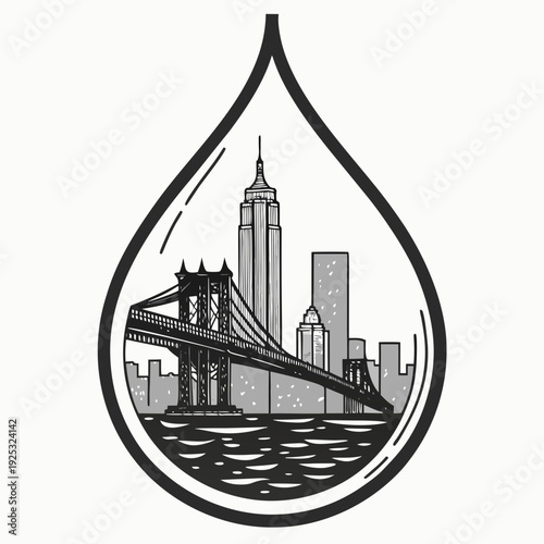 A black and white drawing of a city skyline in a teardrop