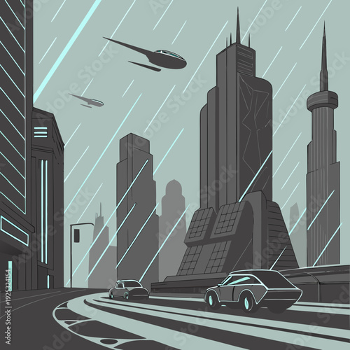 A futuristic cityscape with flying cars and skyscrapers on a rainy day
