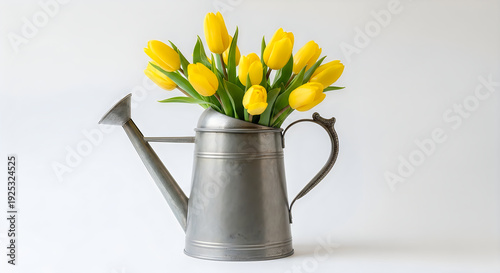 Wallpaper Mural A rustic watering can filled with bright yellow tulips against a plain background Torontodigital.ca