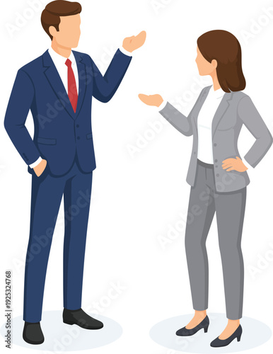 Professional discussion between a man and a woman in business attire