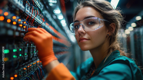 Professional woman telecom technician working in a modern server room, patching  cables into a network switch