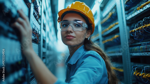 Skilled female telecom engineer configuring network equipment in a contemporary data center. Close-up view of neatly arranged сables and patch panels highlights precision, technical expertise