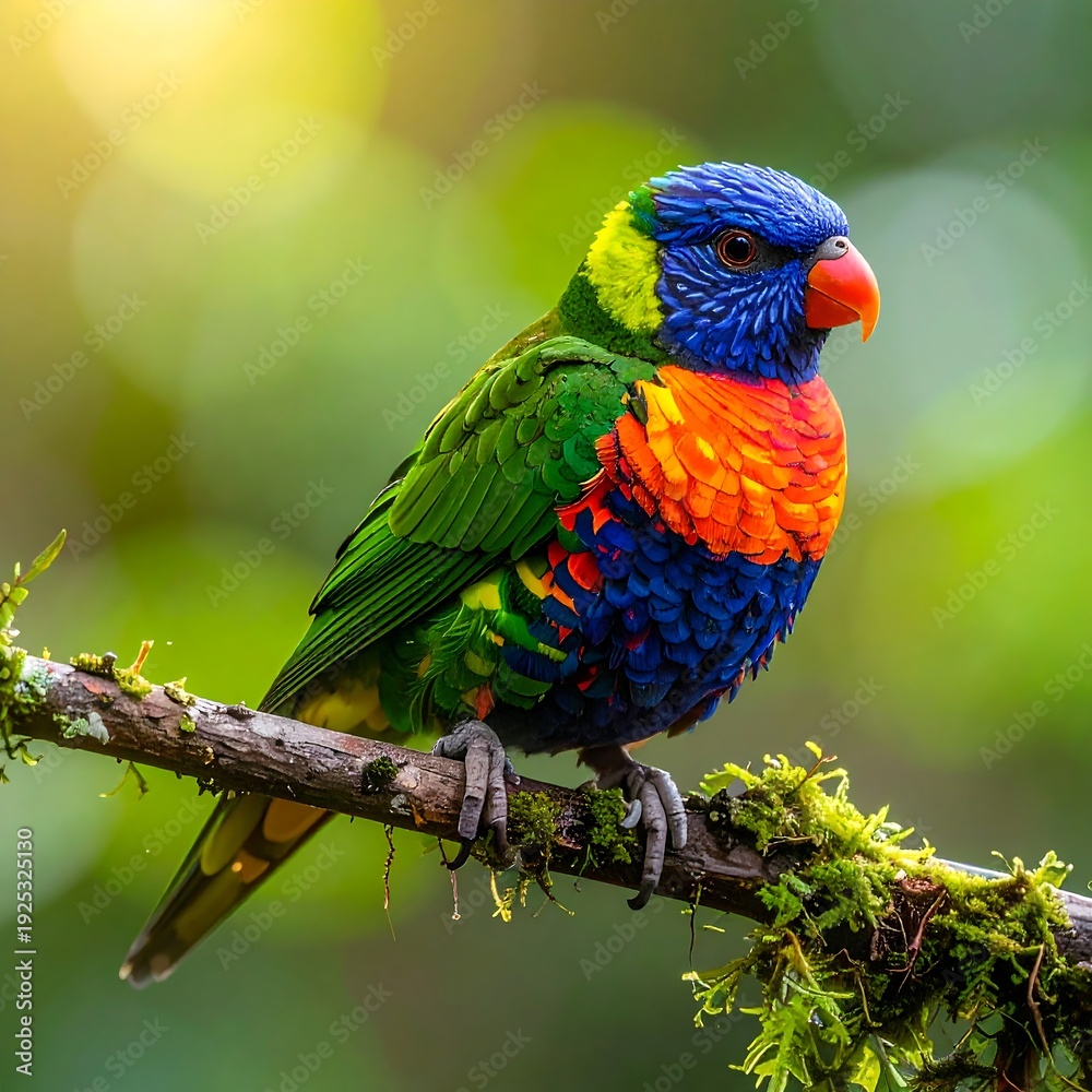 Fototapeta premium Vividly colored parrot perched on a mossy branch, sunlight