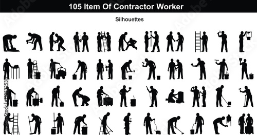 Large collection of contractor worker silhouettes, industrial laborers, builders, maintenance crew, and repairmen performing various construction tasks, isolated on white background