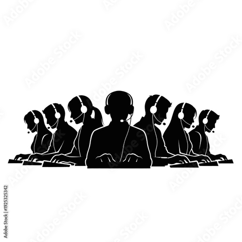 Call Center Agents Wearing Headsets Working.