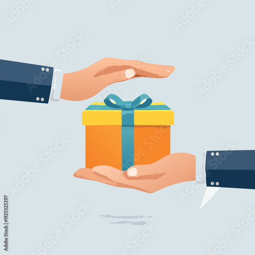 Hands presenting gift box with ribbon bow illustration