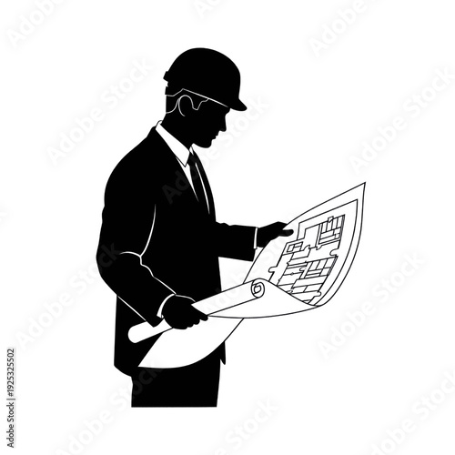 Engineer Examining Blueprint in Hard Hat.