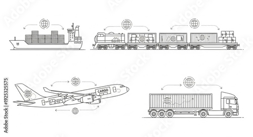 Set of four different transportation vehicles in line drawing style.