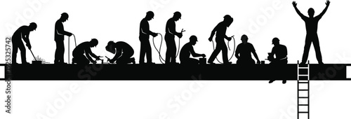 Silhouette of construction workers and engineers working together on a steel beam structure for industrial building project and architectural development