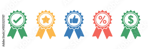 Premium Award Badge Set: Professional Vector Icons Featuring Ribbons with Star, Check, Like, Percent, and Money Symbols for Achievement and Marketing