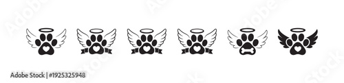 Paw print angel wings and halo collection for pet sympathy card designs black silhouette set vector