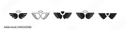 Angel wings icon set with halo and heart symbol, simple stylized outline and solid black