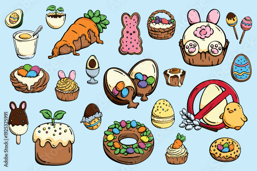 Vegan Easter and Egg Free Dessert Hand Drawn Doodle Icons