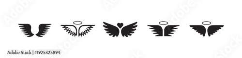 Set of stylized angel wings graphics with halo and heart, outline and solid black