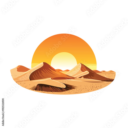 Desert landscape with sun over sand dunes illustration