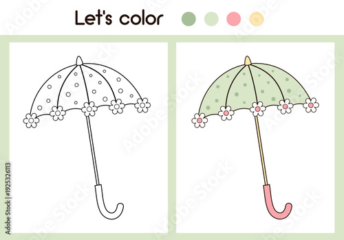 Floral rain umbrella coloring page with colorful sample printable worksheet for preschool, kindergarten kids. Cartoon weather object coloring book.